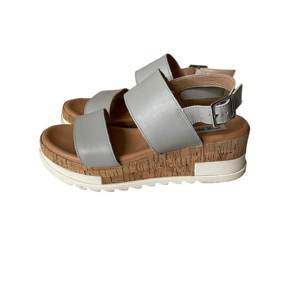 Steve Madden Brenda Light Grey Strap Cork Wedge Chunky Sandal 7.5 - Picture 5 of 9